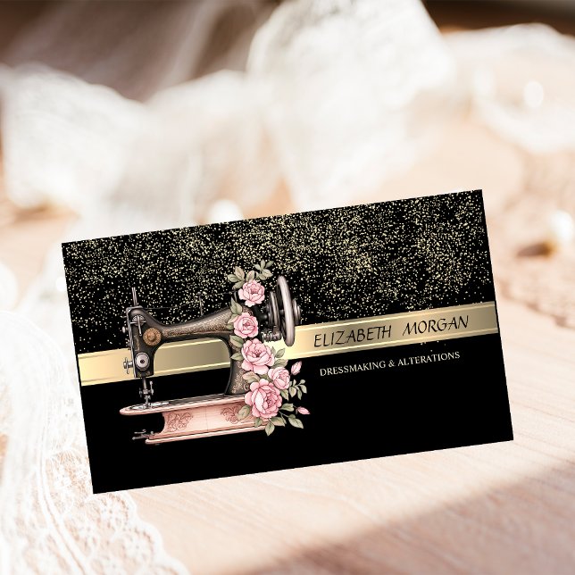 Elegante Gold Confetti, Vintage Nähmaschine Visitenkarte (Von Creator hochgeladen)