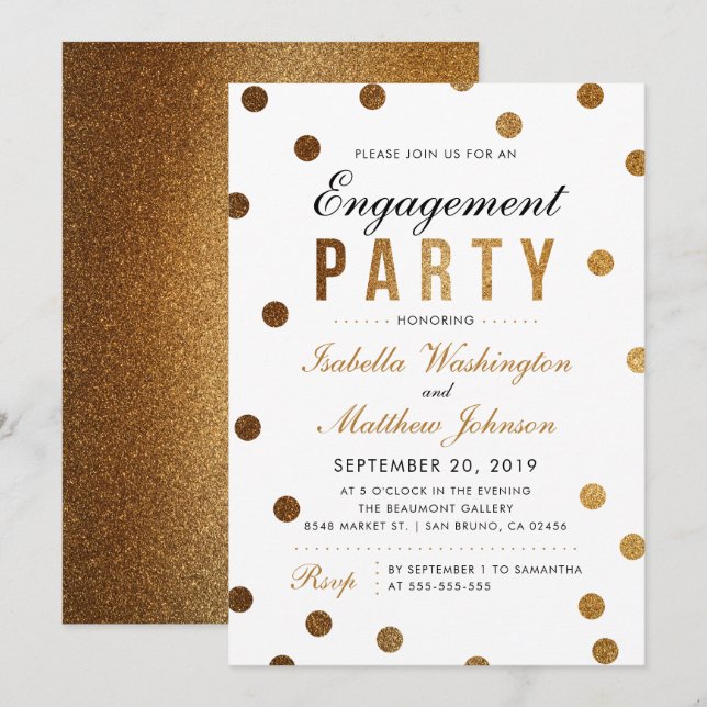 Elegante Gold Confetti & White Engagement Party Einladung (Vorne/Hinten)