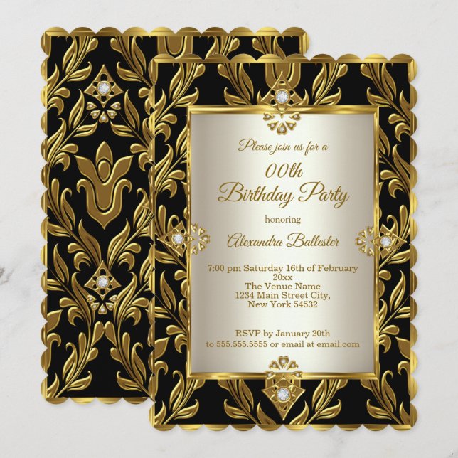 Elegante Gold Cream Damask Black Birthday Party Einladung (Vorne/Hinten)
