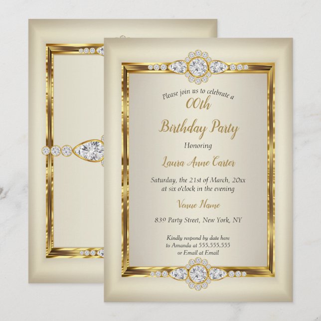 Elegante Gold Cream Diamond Geburtstagsparty Einladung (Vorne/Hinten)