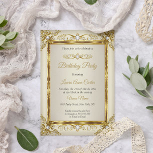 Elegante Gold Creme Perlen Damast Geburtstagsfeier Einladung