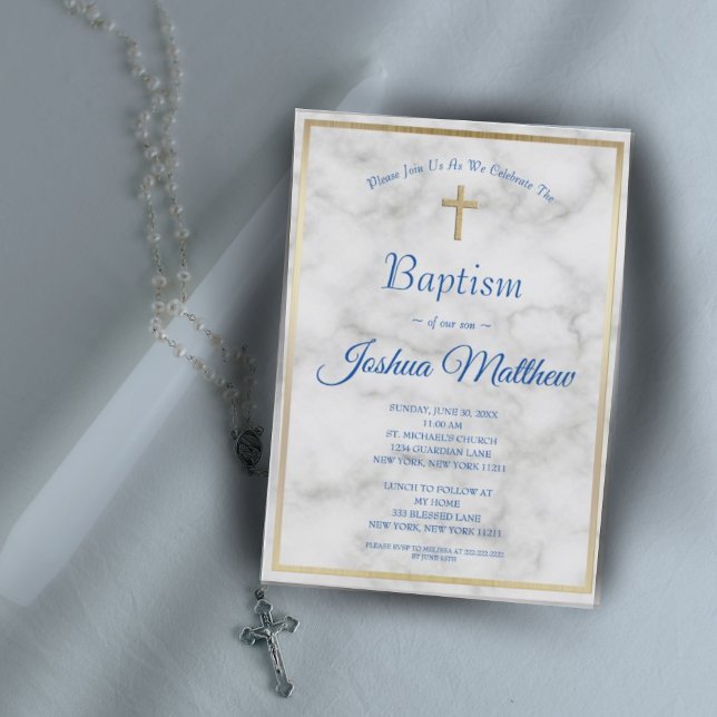 Elegante Gold Cross Boy Blue White Marmor Taufe Einladung (Von Creator hochgeladen)