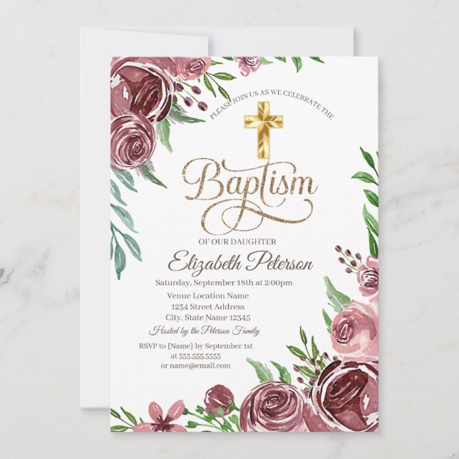 Elegante Gold Cross Burgund Rose Taufe Einladung (Vorderseite)