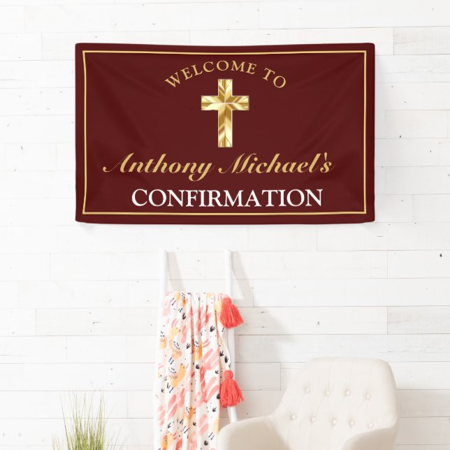Elegante Gold Cross Burgundy Boys Bestätigung Banner (Insitu)