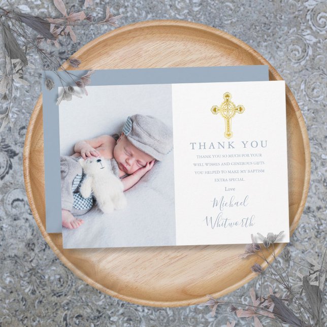 Elegante Gold Cross Foto Signature Script Taufe Dankeskarte (Elegant Gold Cross Photo Signature Script Baptism Thank You Card)