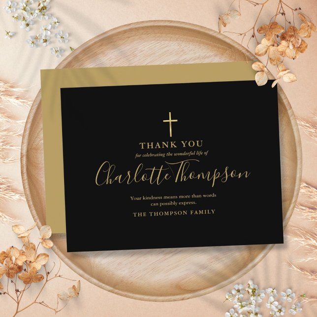 Elegante Gold Cross Gedenkfeier Dankeschön Karte (Elegant Gold Cross Memorial Funeral Thank You Card)