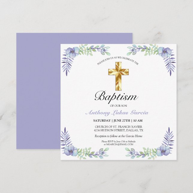 Elegante Gold Cross Lavender Boy Taufe Karte (Vorne/Hinten)