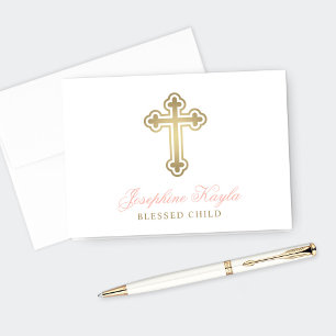 Elegante Gold Cross Pink Baby Girl Taufe Dankeskarte