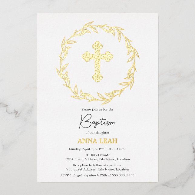 Elegante Gold Cross Taufe Folieneinladung (Vorderseite)