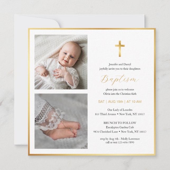 Elegante Gold Cross Taufe | Moderne Schrift Einladung (Vorderseite)