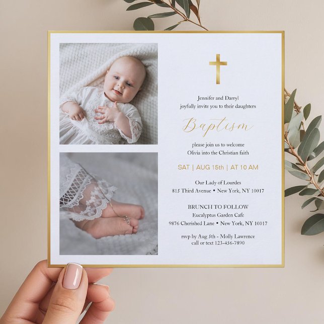 Elegante Gold Cross Taufe | Moderne Schrift Einladung (Photo Baptism Invitation )
