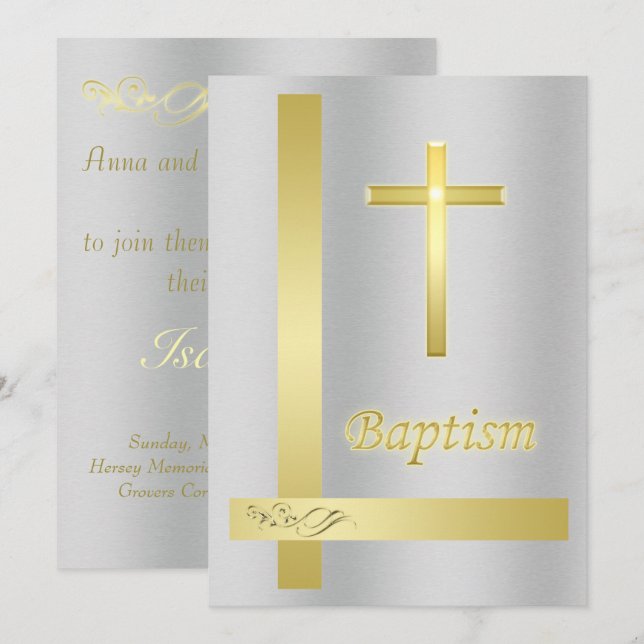 Elegante Gold Cross Taufen auf Metall Hintergrund Einladung (Vorne/Hinten)
