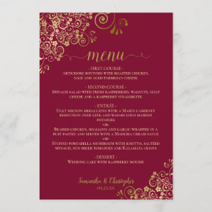 Elegante Gold Curls & Wirbel auf Burgundy Wedding Menükarte