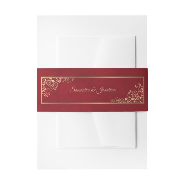 Elegante Gold Curls & Wirbel Crimson Red Wedding Einladungsbanderole (Vorderseite Beispiel)