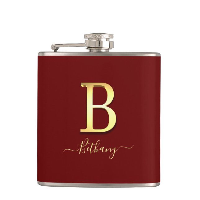 Elegante Gold Custom Monogram B Name Flask Flachmann (Vorderseite)