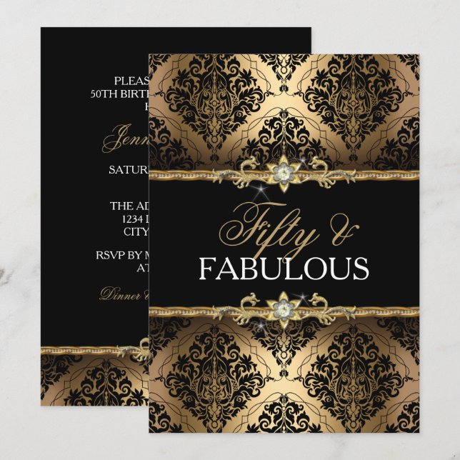 Elegante Gold Damask 50 und fabelhaft einladen Einladung (Vorne/Hinten)