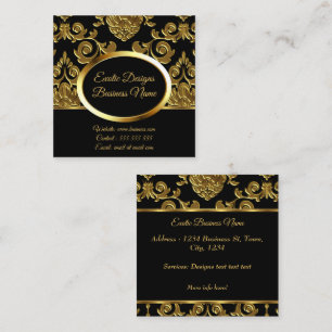 Elegante Gold-Damask-Blumen auf Schwarz Quadratische Visitenkarte