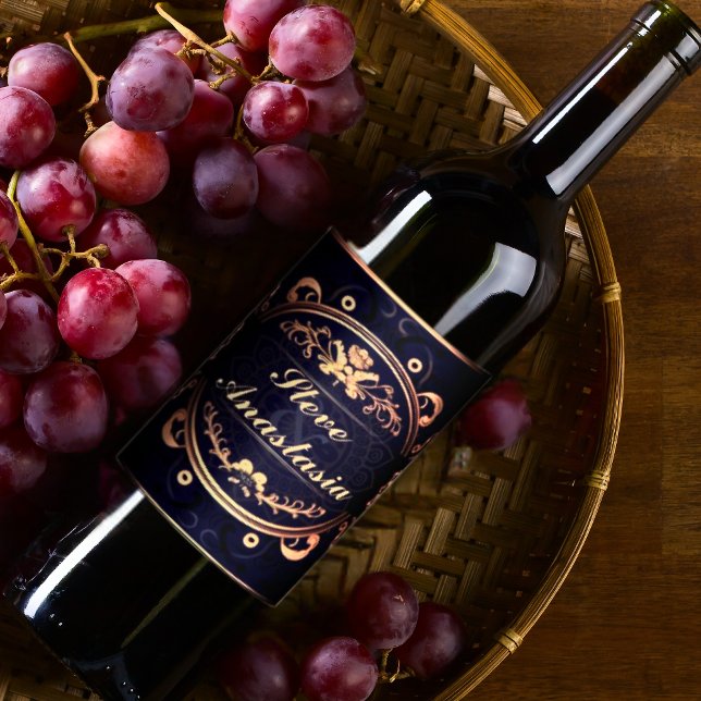 Elegante Gold Demask Mit Monogramm Royal Blue Weinetikett (Von Creator hochgeladen)