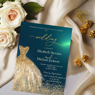 Elegante Gold Diamonds Dress Green Wedding Einladung