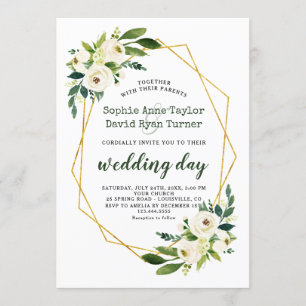 Elegante Gold Diamonds White Green Floral Wedding Einladung