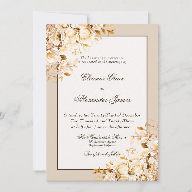 Elegante Gold & Elfenbeinflora feierliche Hochzeit Einladung (Vorderseite)