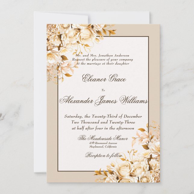 Elegante Gold & Elfenbeinflora feierliche Hochzeit Einladung (Vorderseite)