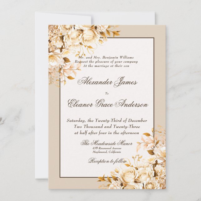 Elegante Gold & Elfenbeinflora feierliche Hochzeit Einladung (Vorderseite)