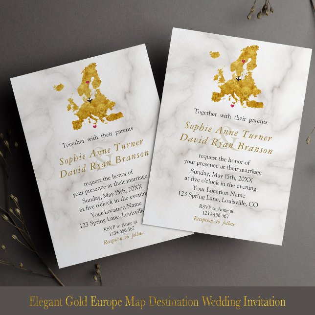 Elegante Gold Europe Karte Hochzeit in Urlaubsort (Von Creator hochgeladen)