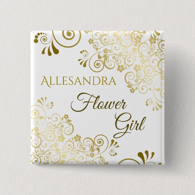 Elegante Gold Filigree Flower Girl Wedding Name Ta Button (Vorderseite)