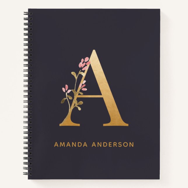 Elegante Gold Floral A Monogram Chic Personalisier Notizbuch (Vorderseite)