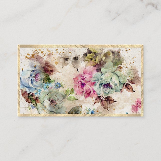 Elegante Gold Floral Abstrakt Wasserfarbe Rustikal Visitenkarte (Vorderseite)