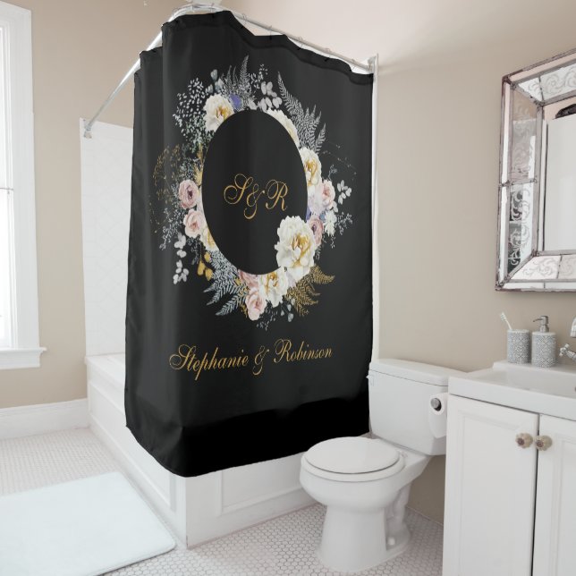 Elegante Gold Floral auf Black Monogram Wedding Duschvorhang (Beispiel)