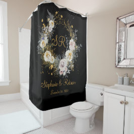 Elegante Gold Floral auf Black Monogram Wedding Duschvorhang