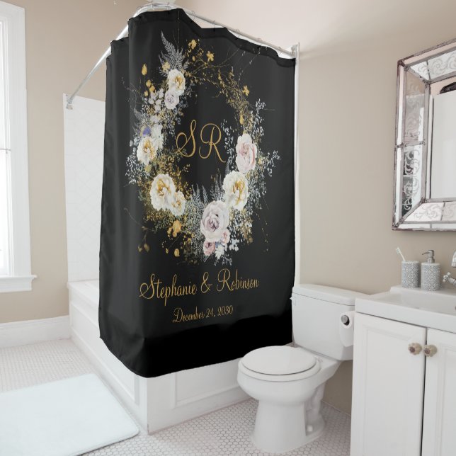 Elegante Gold Floral auf Black Monogram Wedding Duschvorhang (Beispiel)