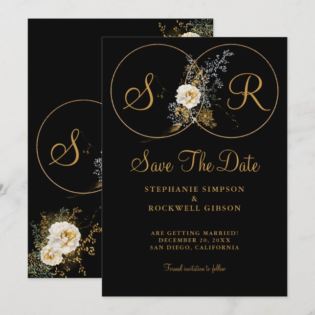 Elegante Gold Floral auf Black Monogram Wedding Save The Date (Vorne/Hinten)