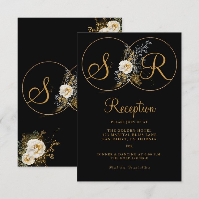 Elegante Gold Floral auf Schwarz Monogramm Einladung (Vorne/Hinten)