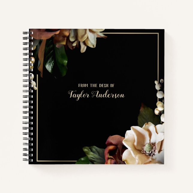 Elegante Gold Floral auf Schwarz Personalisiert Notizbuch (Vorderseite)