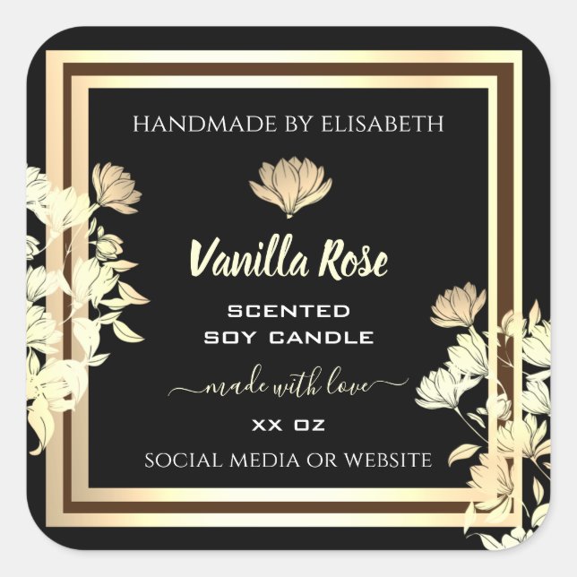 Elegante Gold Floral Black Product Packaging Label Quadratischer Aufkleber (Vorderseite)