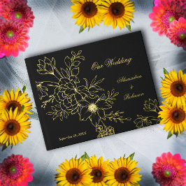Elegante Gold Floral Blume Hochzeit Black Gästebuch