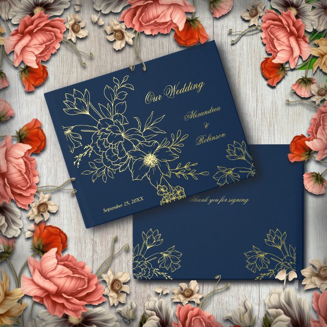 Elegante Gold Floral Blume Hochzeit Blue Gästebuch (Elegant Gold Floral Flowers Wedding Blue Guest Book for your wedding keepsake filled with memories. )