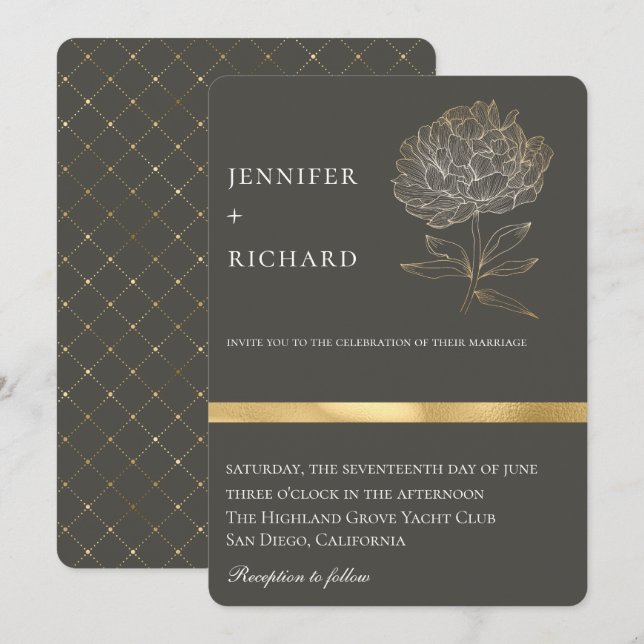 Elegante Gold Floral Botanical Gray Wedding Einladung (Vorne/Hinten)