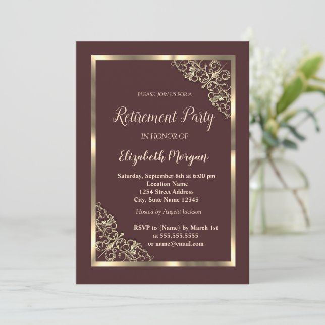 Elegante Gold Floral Frame Brawn Retirement Einladung (Stehend Vorderseite)