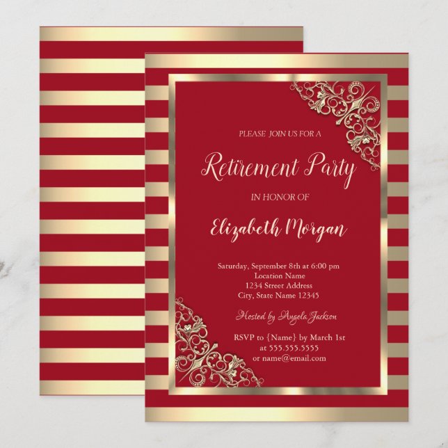 Elegante Gold Floral Frame gestreift Red Retiremen Einladung (Vorne/Hinten)