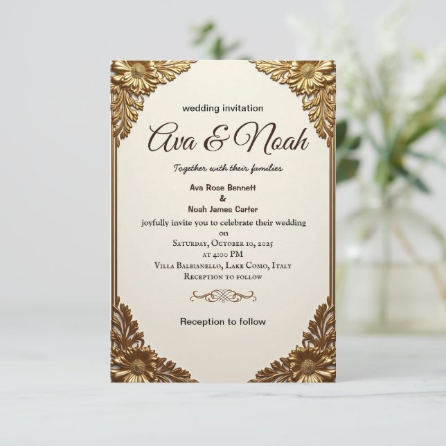 Elegante Gold Floral Frame Hochzeit Einladung (Stehend Vorderseite)