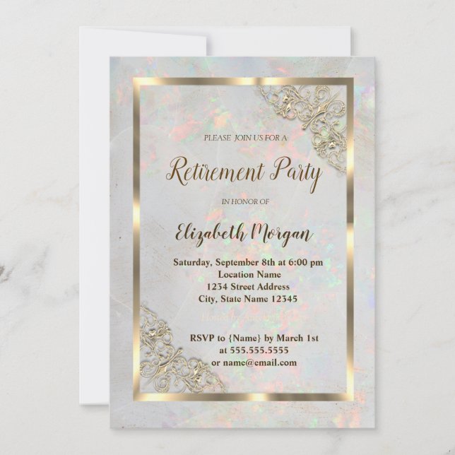 Elegante Gold Floral Frame Holographic Retirement Einladung (Vorderseite)