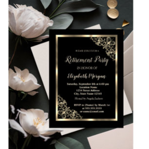 Elegante Gold Floral Frame Retirement Einladung