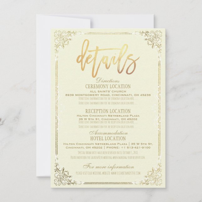 Elegante Gold Floral Frame Wedding Route Detail Einladung (Vorderseite)
