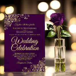 Elegante Gold Floral Frills auf Plum Lila Wedding Folieneinladung