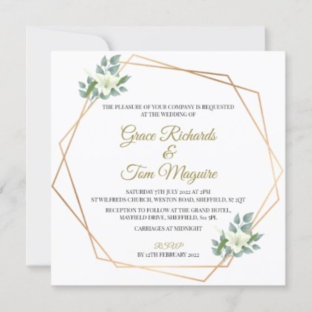 Elegante Gold Floral Green Geometric Wedding Einla Einladung (Von Creator hochgeladen)