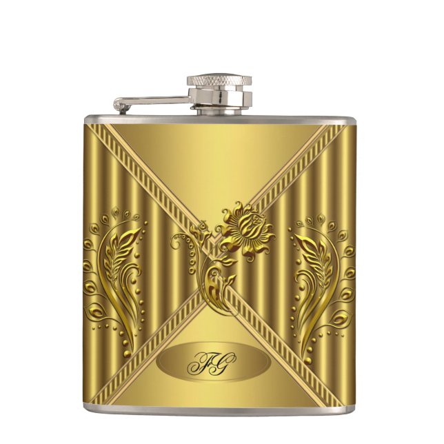 Elegante Gold Floral Metal Look Monogram Name Flachmann (Vorderseite)